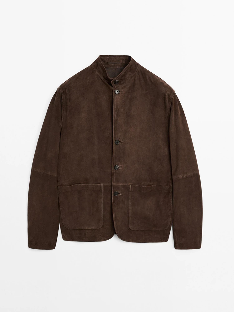 Veste à col mao en cuir finition daim