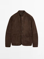 Veste à col mao en cuir finition daim