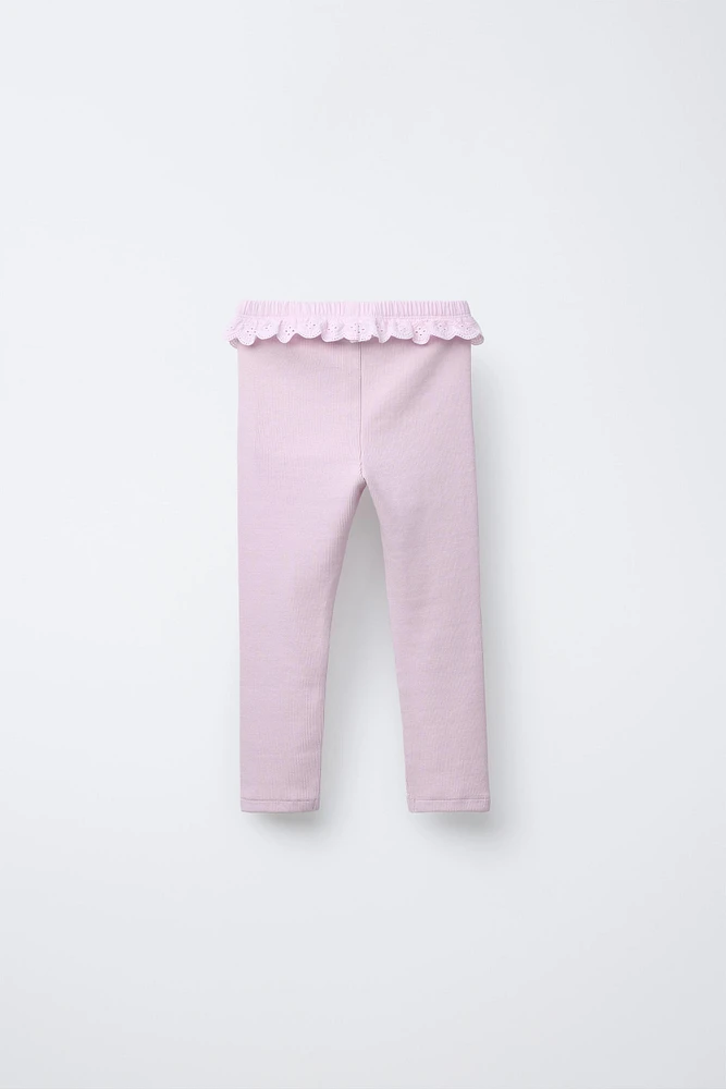 SWISS EMBROIDERED RUFFLE RIBBED LEGGINGS