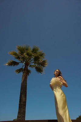 FEATHERED SATIN MIDI DRESS