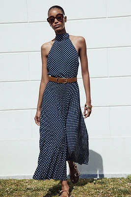 POLKA DOT MIDI HALTER DRESS WITH BELT