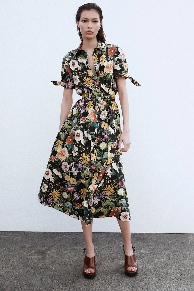 FLORAL PRINT POPLIN MIDI DRESS