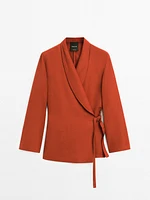 Flowing linen blend kimono with tuxedo-style collar