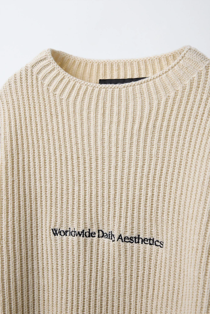 EMBROIDERED TEXT KNIT SWEATER