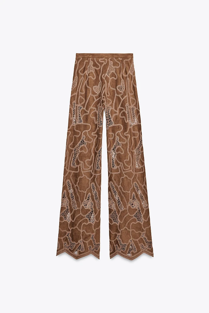 FAUX SUEDE CROCHET PANTS