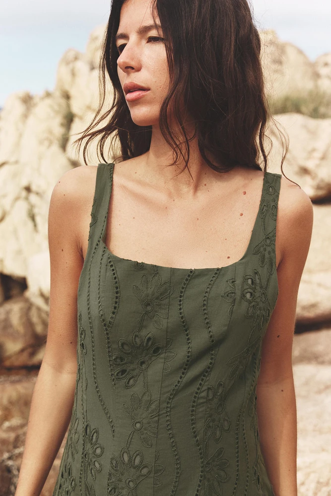 EMBROIDERED EYELET MIDI DRESS