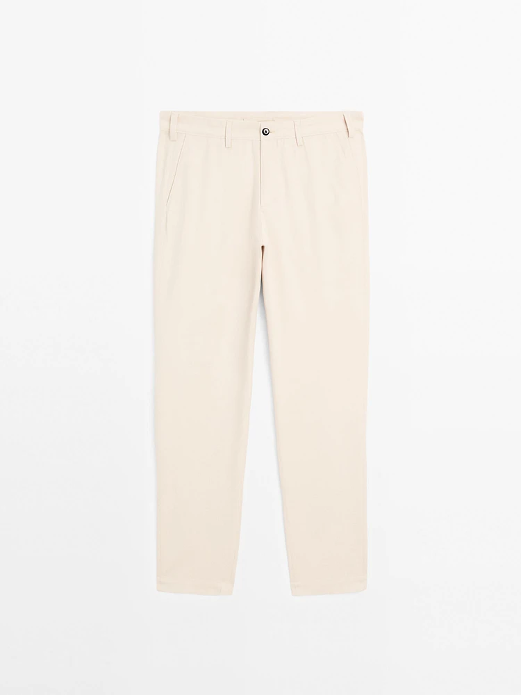 Cotton blend slim fit canvas trousers