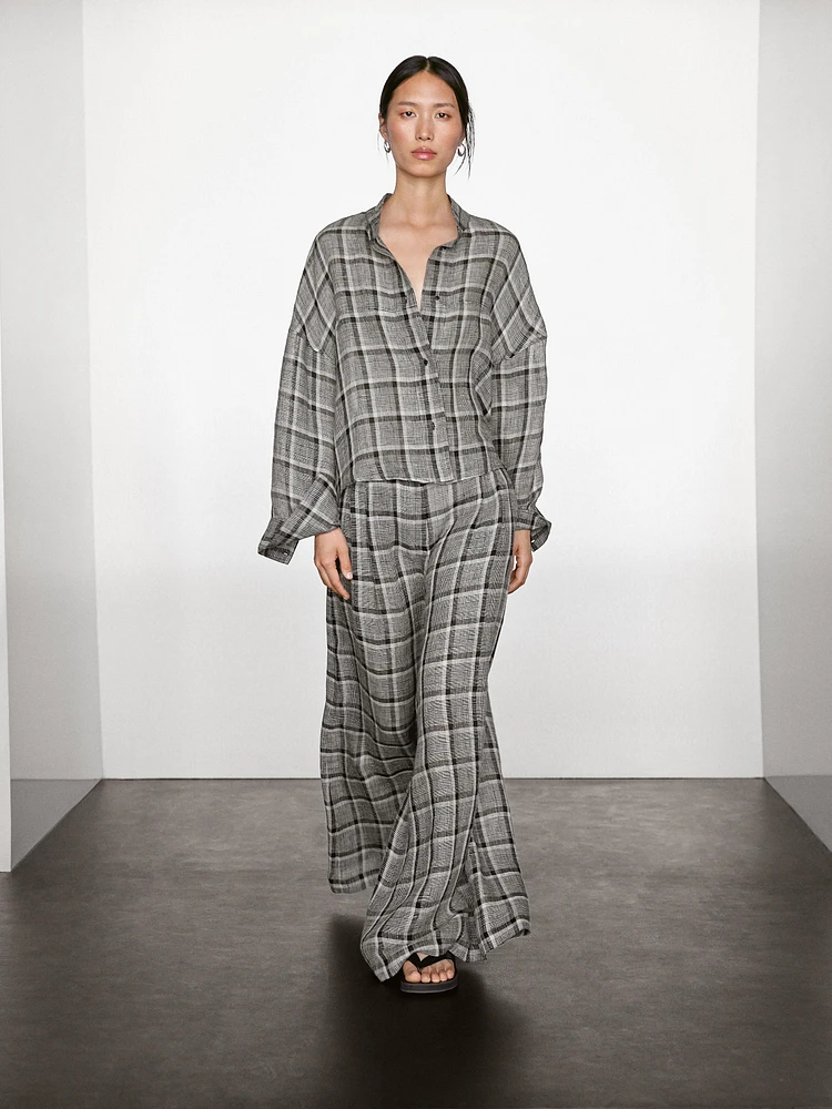 Pantalon palazzo à carreaux 100 % lin