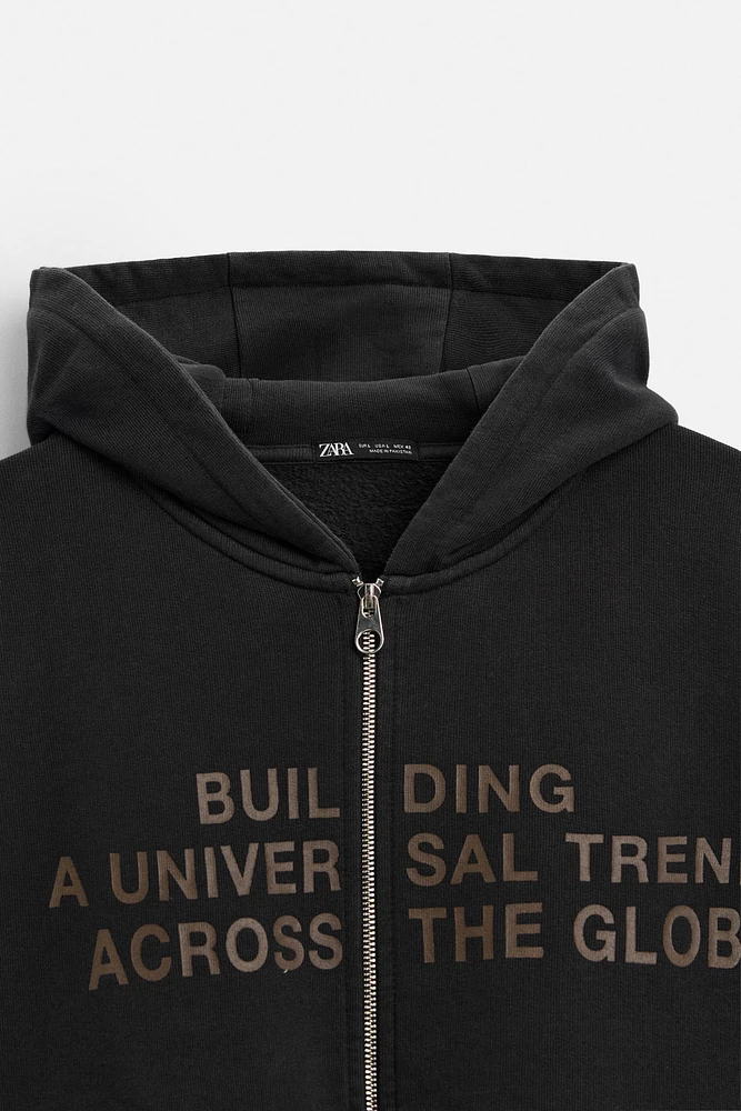 WASHED ZIP-UP TEXT HOODIE