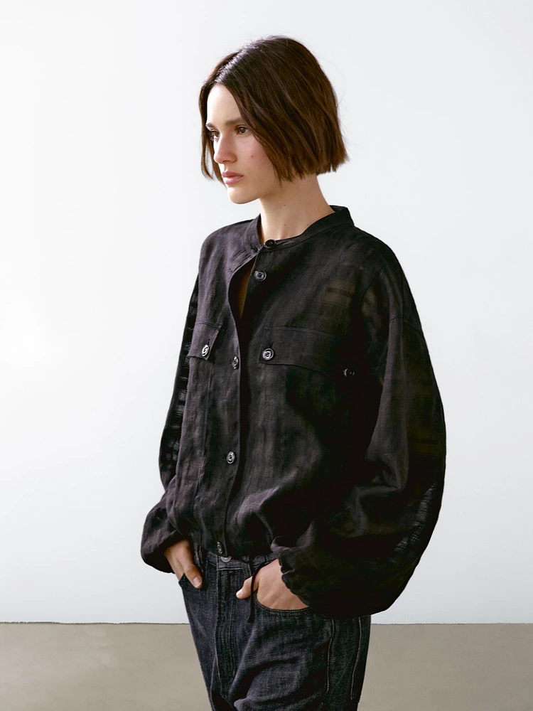 Veste bomber à carreaux en lin mélangé