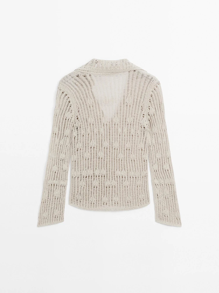 Cardigan en maille ajourée à col polo