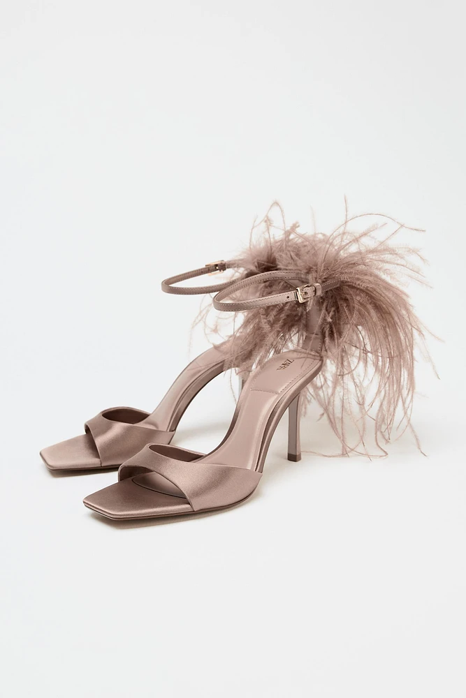 FAUX FEATHER HEELED SANDALS