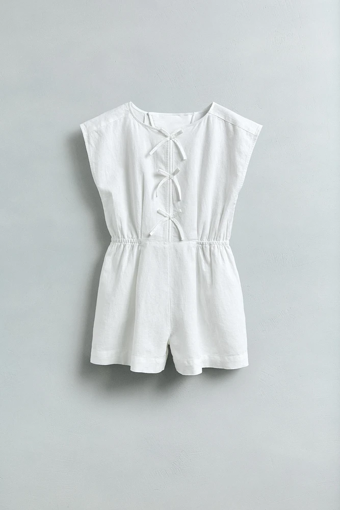 BOW DETAIL LINEN SHORT JUMPSUIT