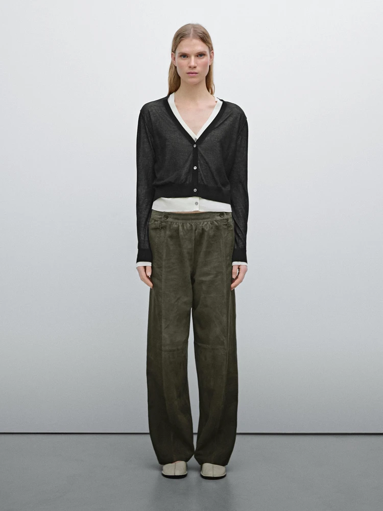 Suede leather trousers with linen detail