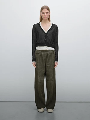 Suede leather trousers with linen detail