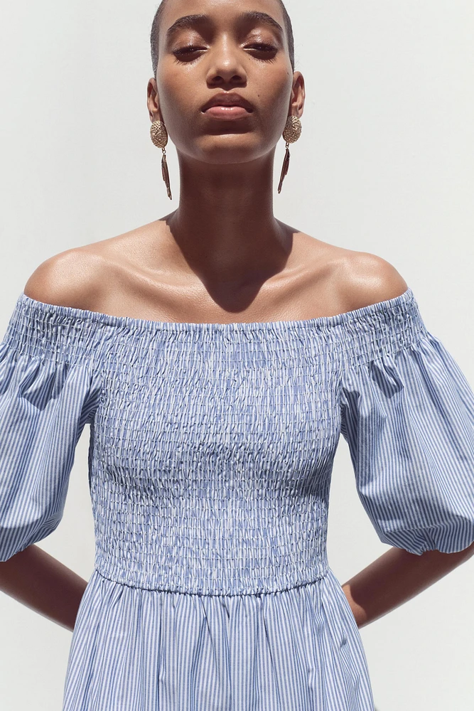 STRIPED EMBROIDERED MIDI DRESS