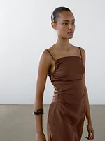 Robe midi froncée en lin mélangé