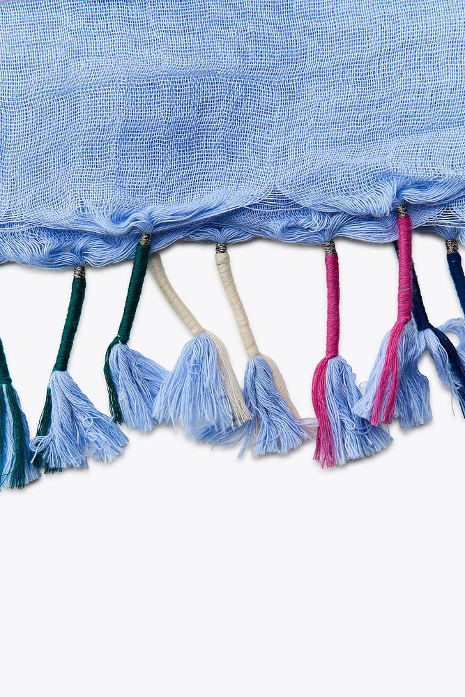 STRIPED LINEN SCARF WITH POM POMS