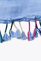 STRIPED LINEN SCARF WITH POM POMS