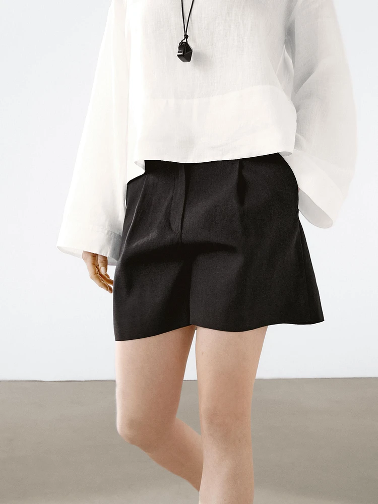Linen blend darted waist Bermuda shorts