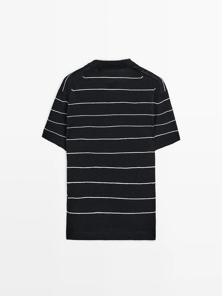 100% linen striped knit polo shirt