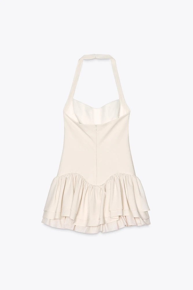 ROBE COMBINAISON HALTER VOLANTS RAYURES