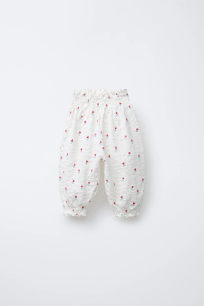 TEXTURED FLORAL PRINT PANTS