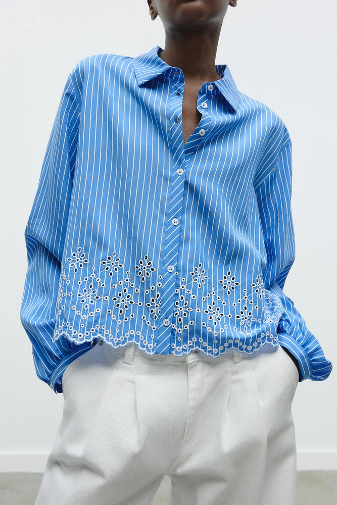 STRIPED EMBROIDERED EYELET SHIRT