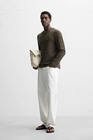 COTTON LINEN BLEND BUTTON NECK T-SHIRT