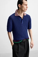 CONTRAST TEXTURED KNIT POLO SHIRT