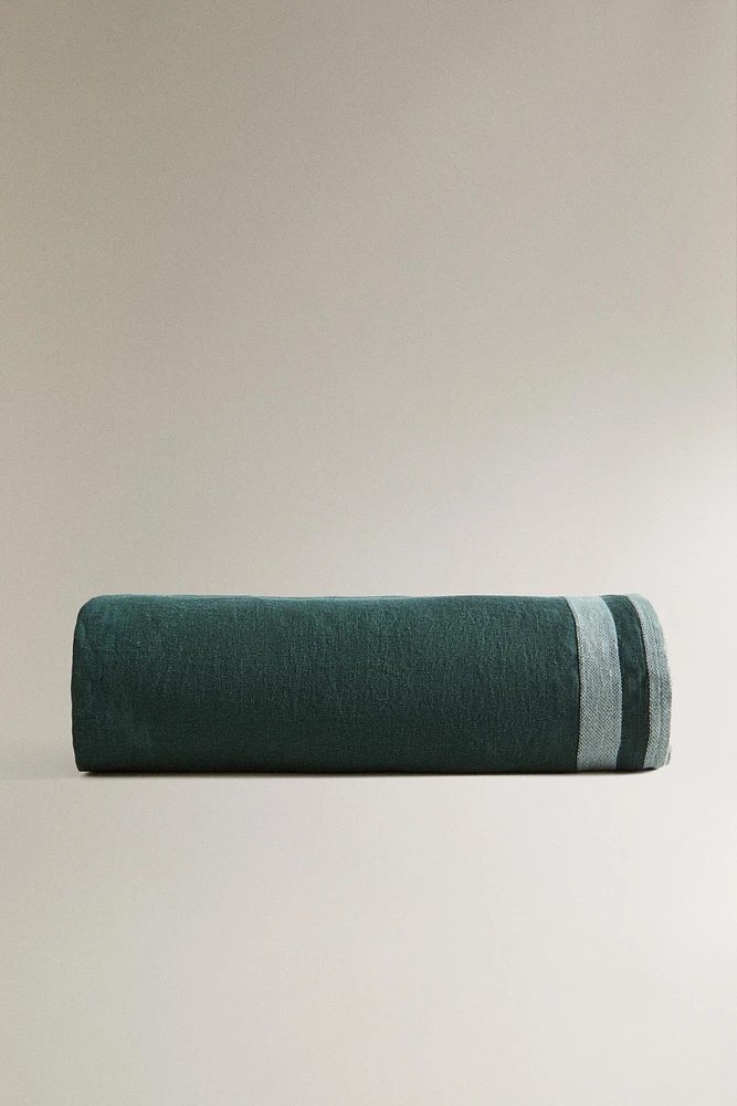 STRIPED LINEN BEACH WRAP TOWEL WITH FRINGING