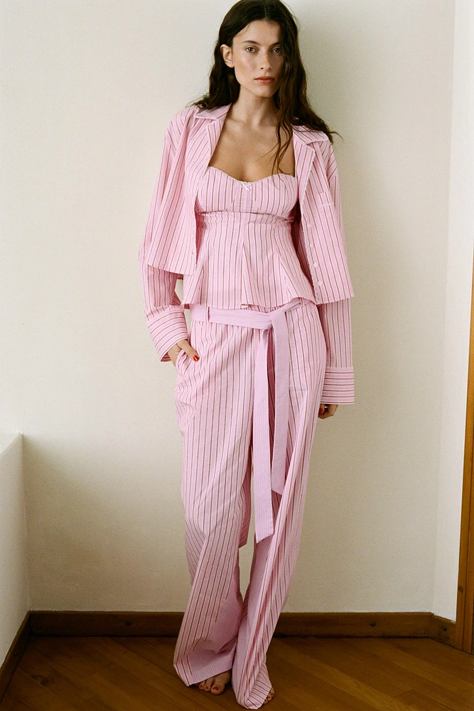 STRIPED POPLIN BELTED PANTS