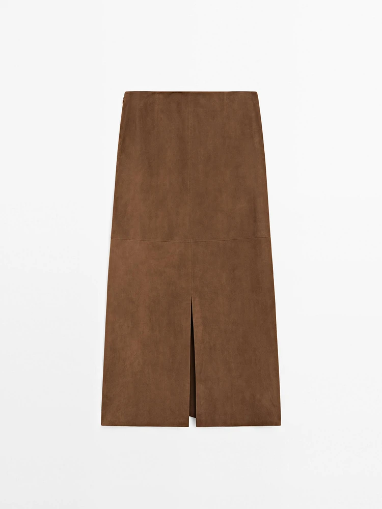Jupe midi en cuir effet daim