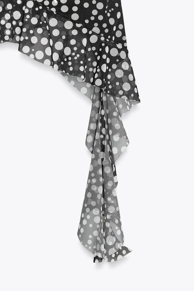 PRINTED TULLE RUFFLE TOP