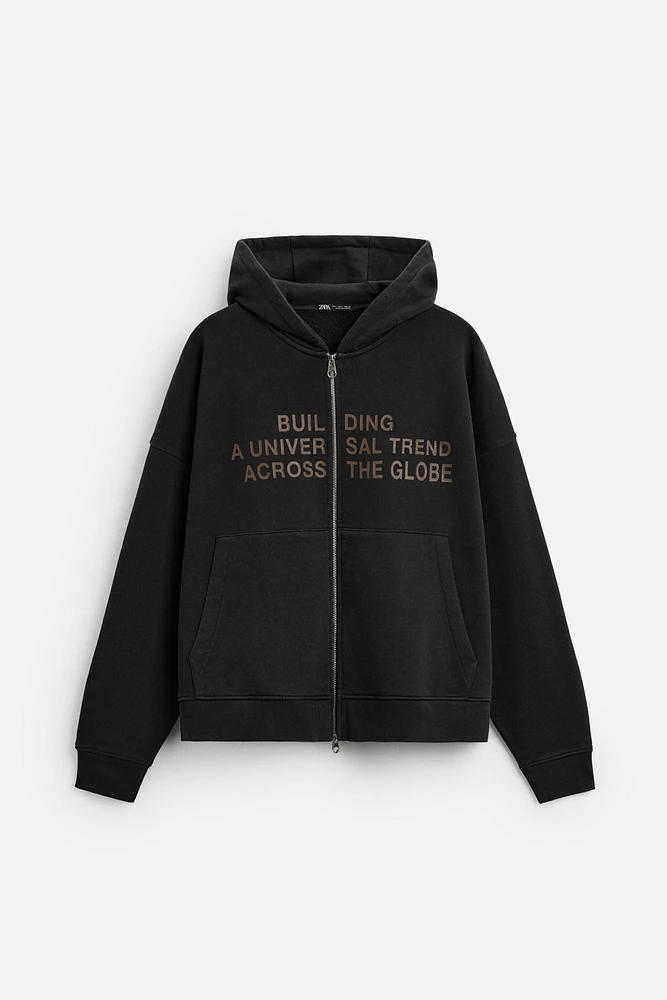 WASHED ZIP-UP TEXT HOODIE