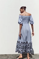 STRIPED EMBROIDERED MIDI DRESS