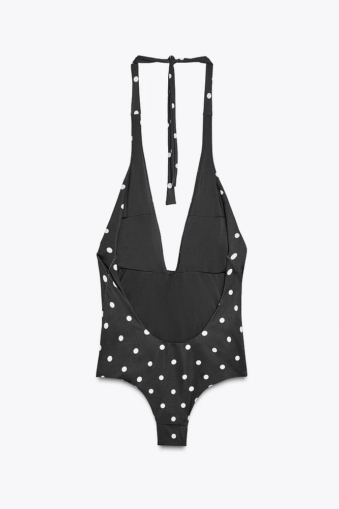 MAILLOT DE BAIN HALTER À POIS FLEUR RELIEF