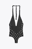 HALTER POLKA DOT RAISED FLORAL SWIMSUIT