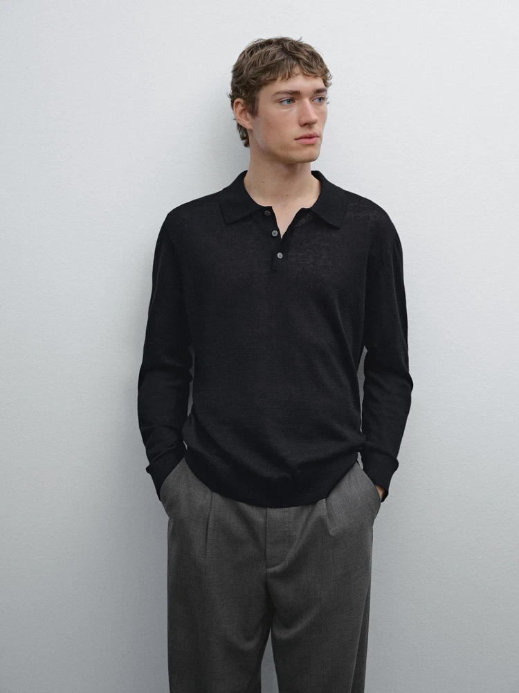 100% linen knit polo collar sweater
