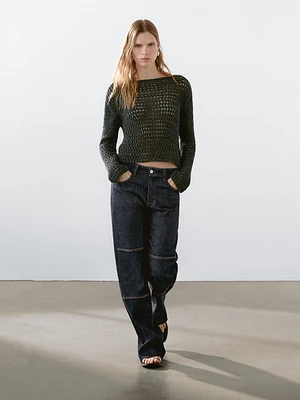 Pull en maille ajourée de coton mélang
