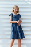 FLOWY ELASTIC TRIM DENIM DRESS