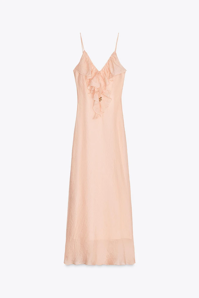 RUFFLED MIDI SLIP DRESS