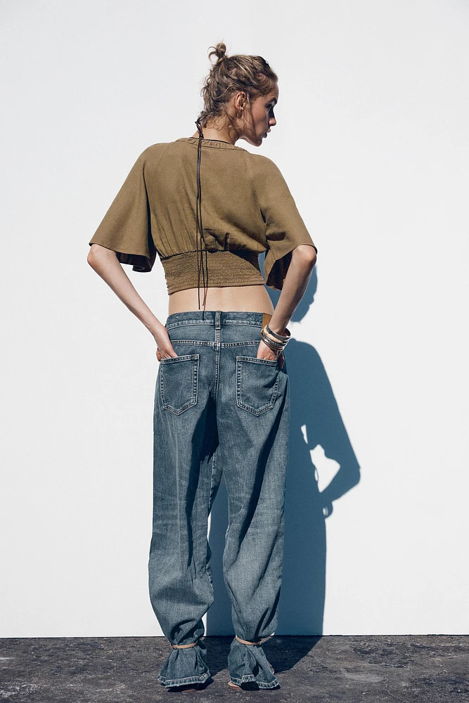 LINEN BLEND BLOUSE WITH RUFFLE SLEEVES