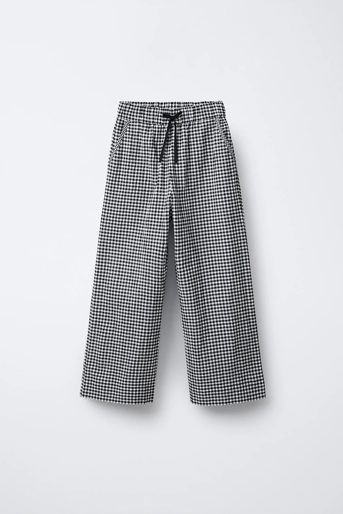 GINGHAM PRINT WIDE LEG PANTS