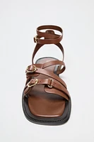 FLAT LEATHER STRAP SANDALS