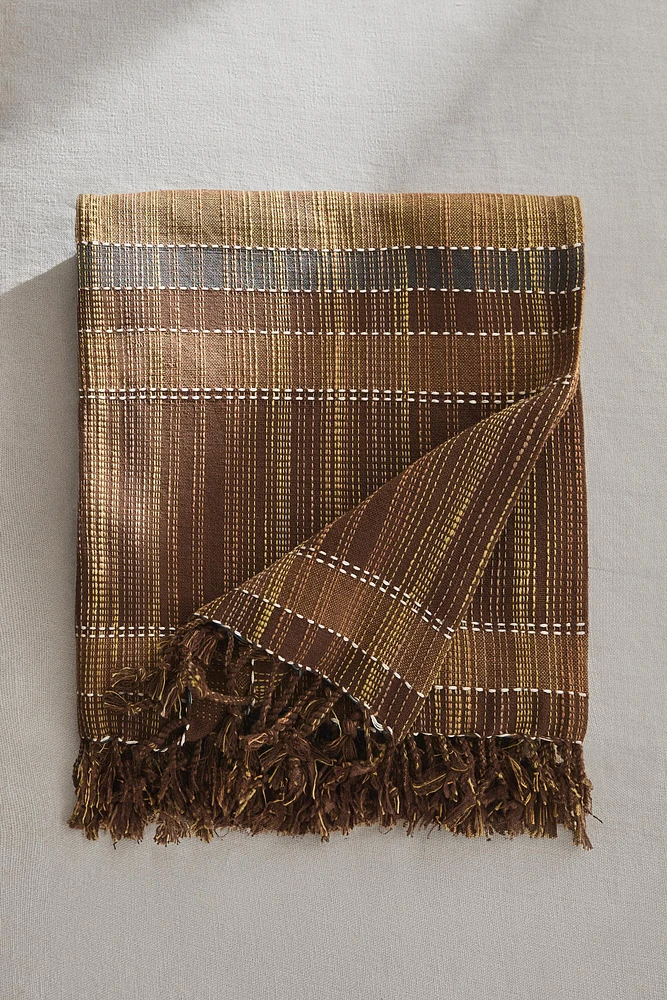 STRIPED COTTON BLANKET WITH FRINGING