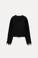 FRAYED BEADED TRIM KNIT SWEATER