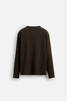 COTTON LINEN BLEND BUTTON NECK T-SHIRT