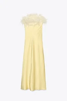 FEATHERED SATIN MIDI DRESS