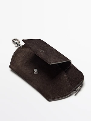 Split leather crossbody glasses case with purse